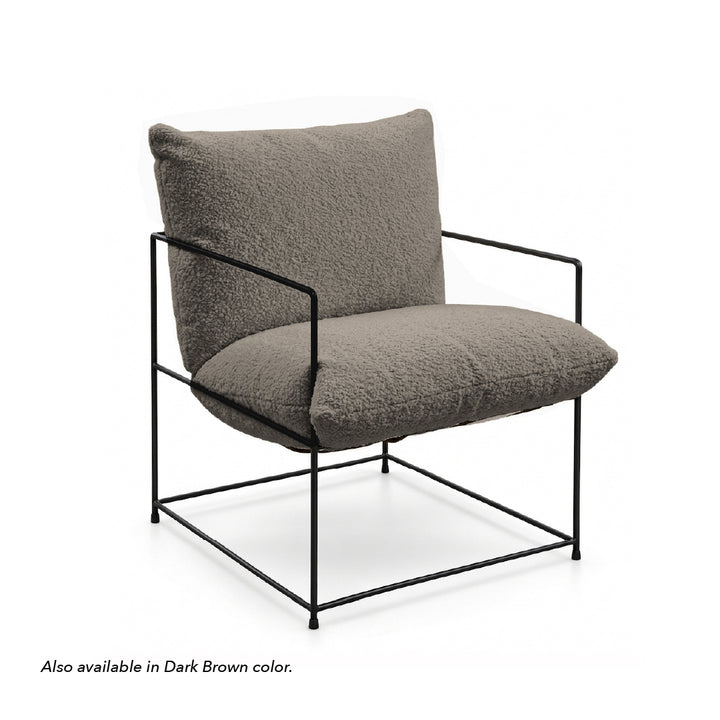 A modern accent chair with textured taupe-gray bouclé cushions and a black metal frame, shown on a white background with a small text note at the bottom indicating a dark brown color option.