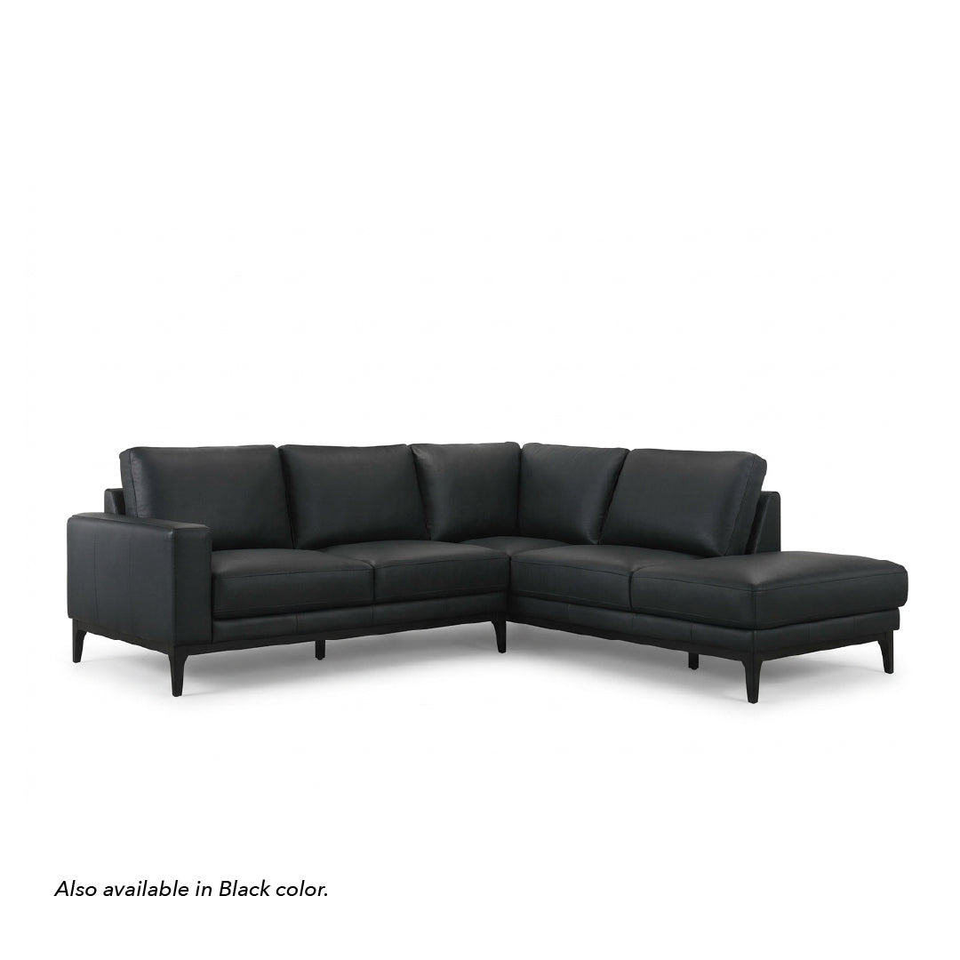 A black leather sectional sofa with a right-facing chaise lounge and tapered legs, shown on a plain white background with the text 'Also available in Black color.' at the bottom left.