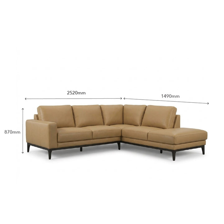 A tan leather sectional sofa with black legs, shown on a white background with dimension lines and measurements indicating 2520mm length, 1490mm chaise width, and 870mm height.