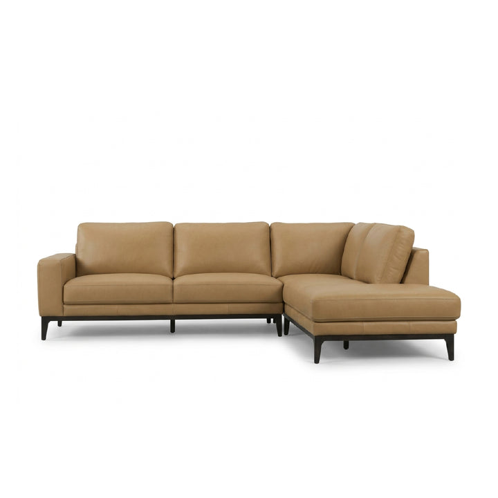 A modern three-seat sectional sofa with a right-side chaise lounge, upholstered in tan leather with dark wooden legs, shown against a plain white background.