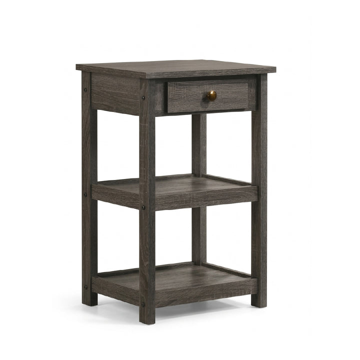 A three-tier side table with a dark gray wood grain finish, featuring a single drawer with a small brass knob on the top shelf, set against a plain white background.