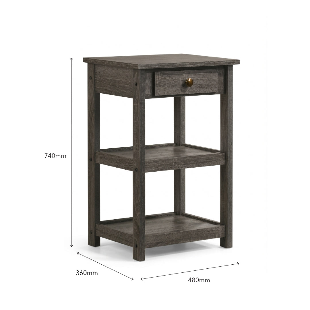 A dark gray wood three-tier side table with a single drawer and brass knob, shown with dimension lines indicating 740mm height, 360mm width, and 480mm depth on a white background.