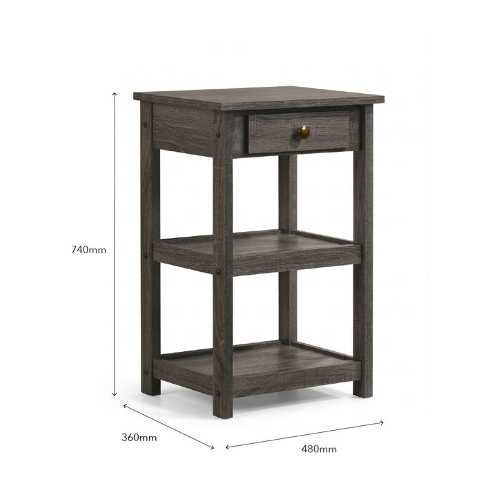 A dark gray wood three-tier side table with a single drawer and brass knob, shown with dimension lines indicating 740mm height, 360mm width, and 480mm depth on a white background.