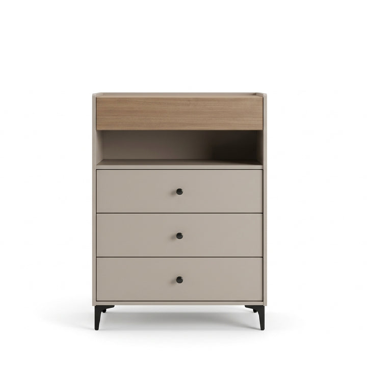 A modern three-drawer nightstand or changing table with a light oak wood top, a beige-gray drawer front, and black legs, shown on a white background.