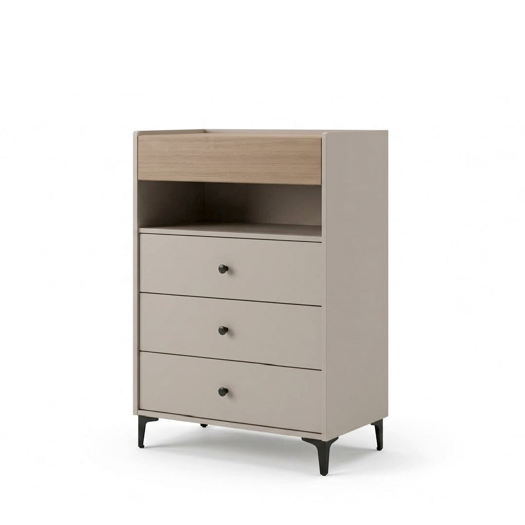 A modern three-drawer dresser with a light beige finish, a natural wood top drawer, open shelving, and black legs, shown on a white background.