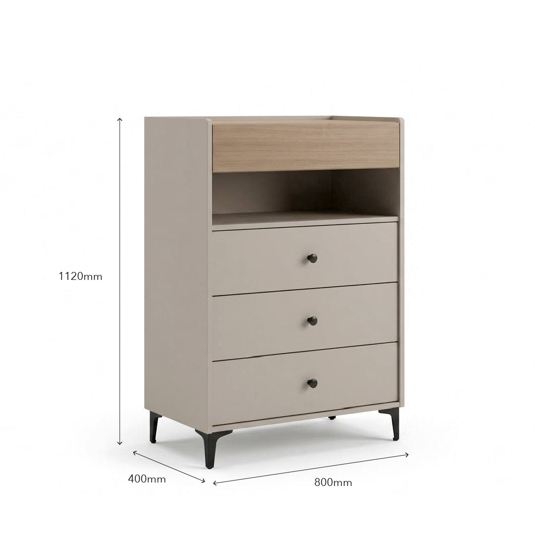 A three-drawer chest of drawers with a light beige-gray finish, a natural wood top panel, and black legs, shown with dimension lines indicating 1120mm height, 400mm width, and 800mm depth.