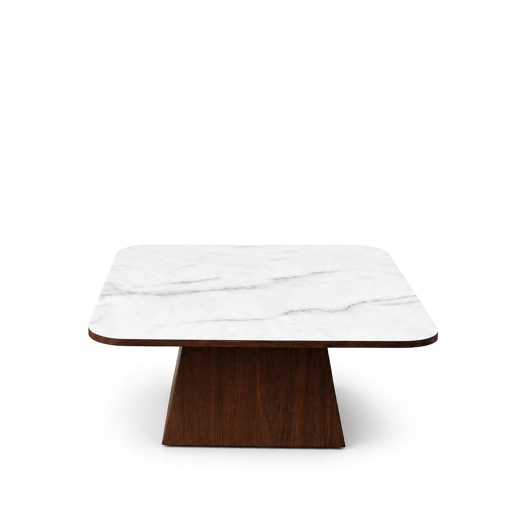 A modern square coffee table with a white marble top featuring subtle gray veining and a dark brown wooden pedestal base, shown against a plain white background.