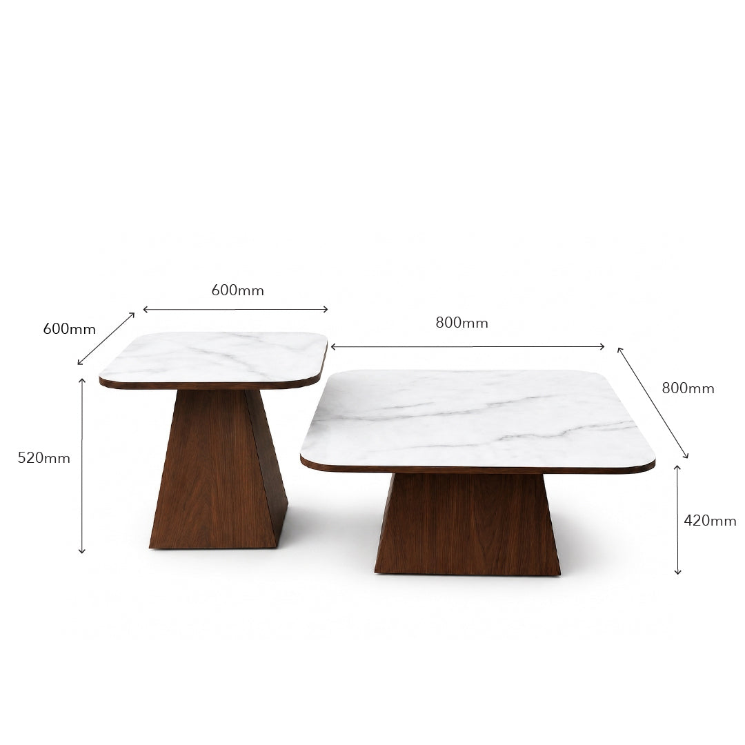 Two modern nesting coffee tables with white marble-patterned tops and dark brown wooden bases, shown with dimension arrows and labels on a white background.