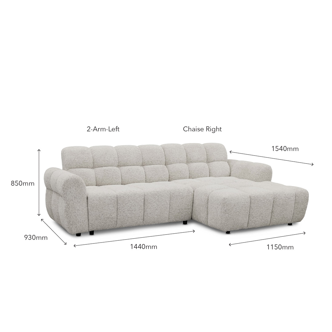 A light grey upholstered sectional sofa with dimension callouts showing measurements such as 1540mm width, 850mm height, and 930mm depth, on a plain white background.