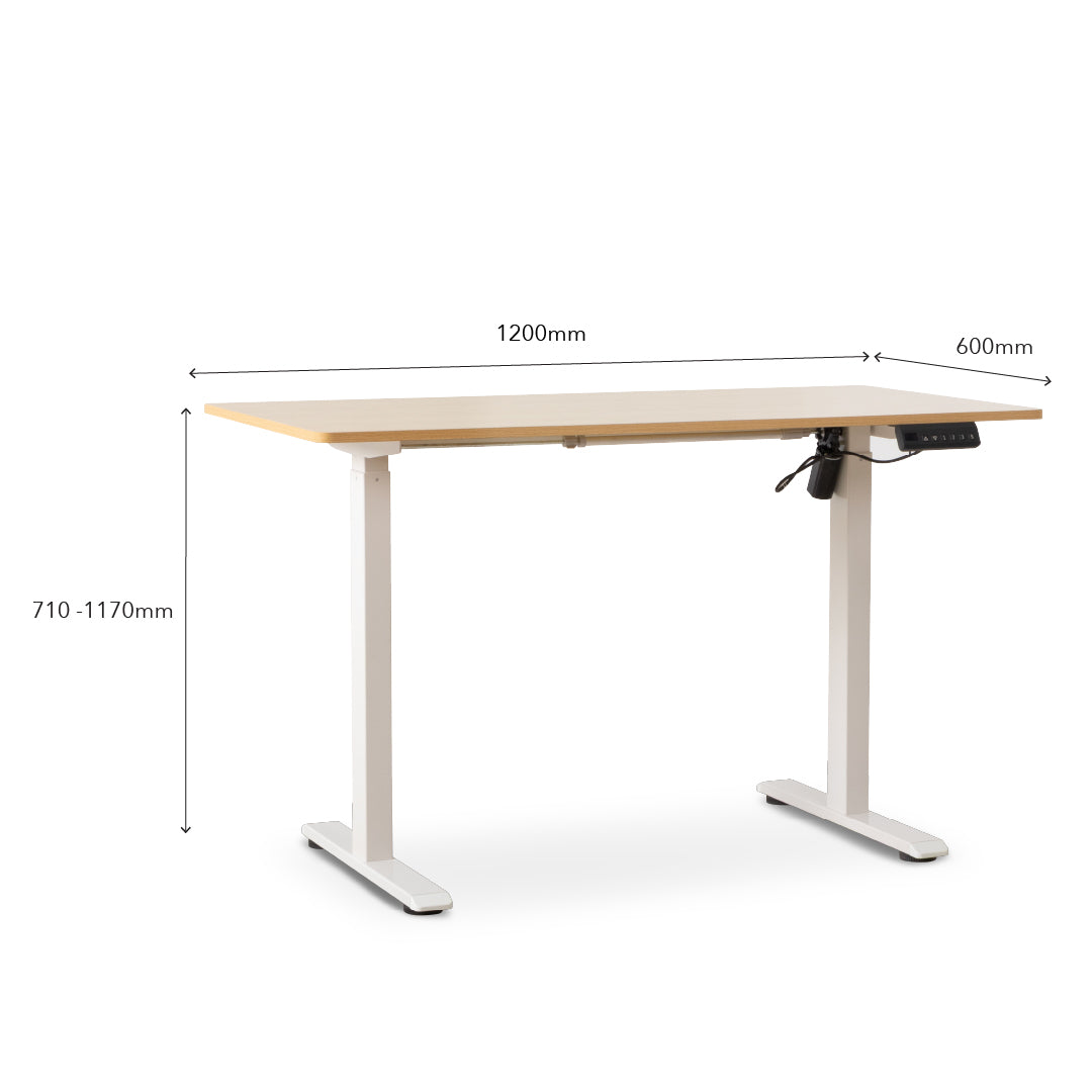 An electric height-adjustable standing desk with dimension overlays showing 1200mm width, 600mm depth, and a height range of 710-1170mm, on a white background.