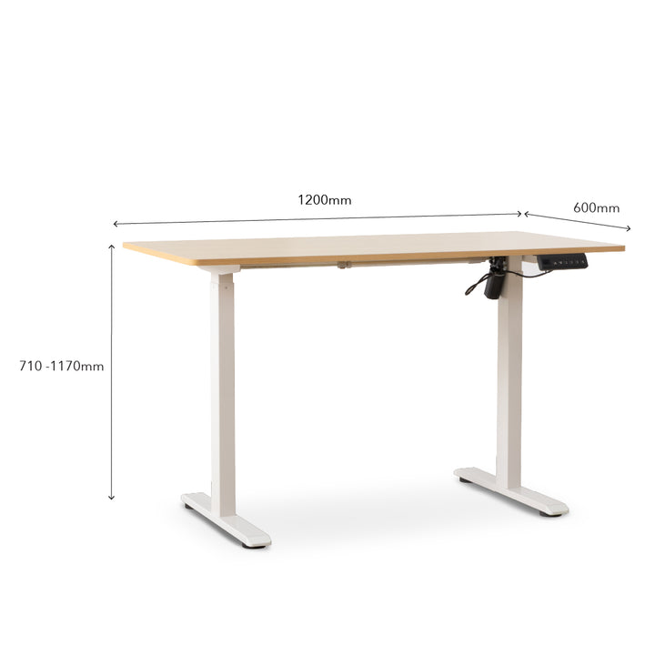 An electric height-adjustable standing desk with dimension overlays showing 1200mm width, 600mm depth, and a height range of 710-1170mm, on a white background.