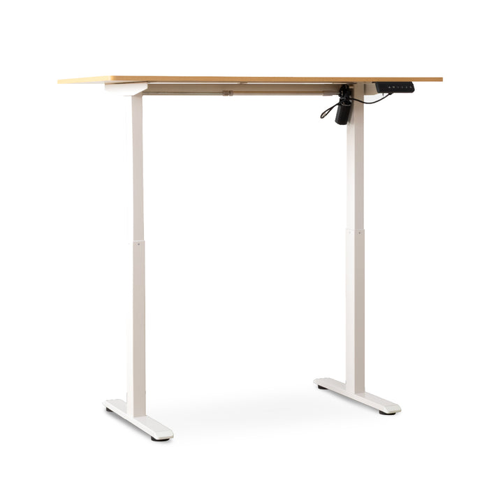An adjustable standing desk with a light natural wood top and white metal legs, shown on a clean white background with a control panel under the right side of the desk.