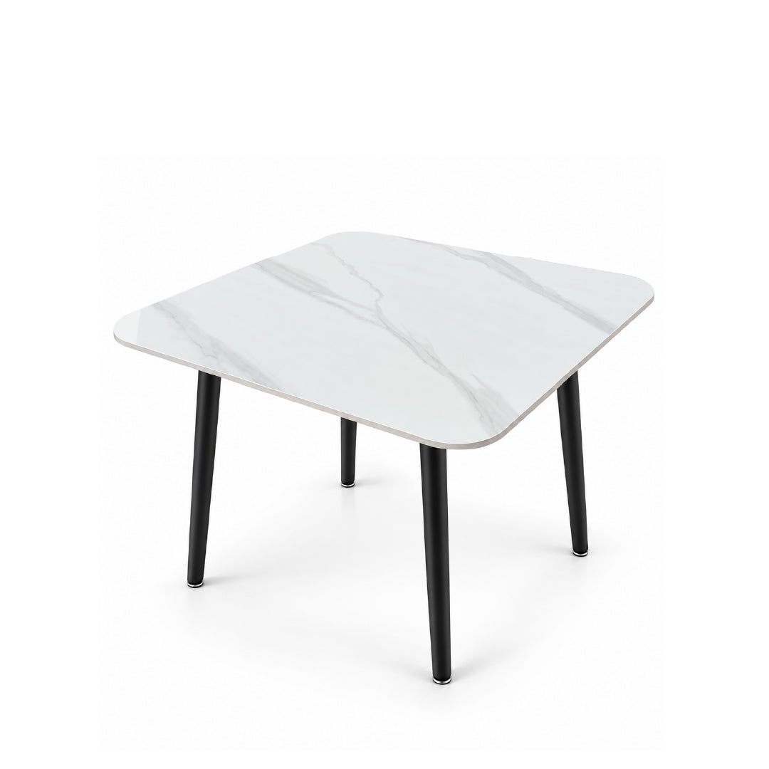 A square side table with a white marble-patterned top and four black tapered legs, shown on a clean white background.