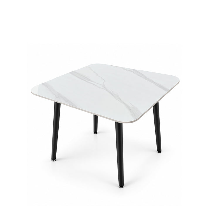 A square side table with a white marble-patterned top and four black tapered legs, shown on a clean white background.