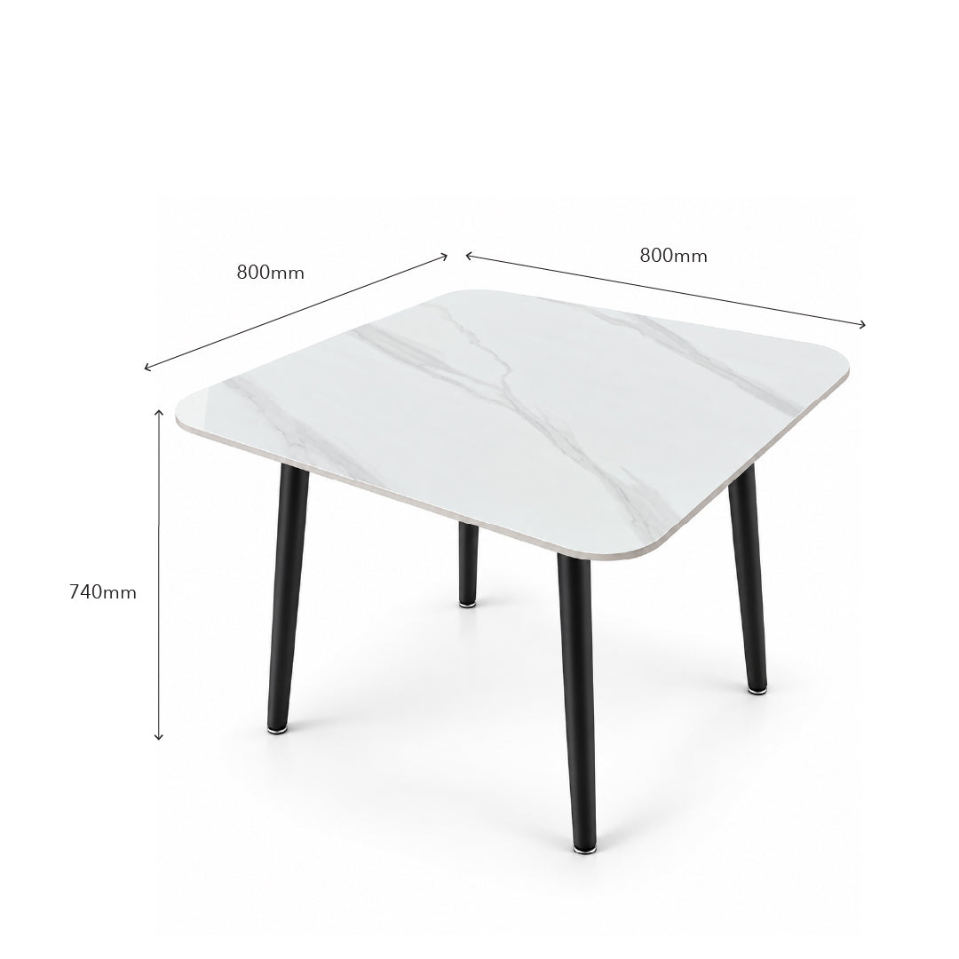 A square dining table with a white marble-patterned top and black tapered legs, shown with dimension lines and labels indicating 800mm by 800mm top dimensions and 740mm height.