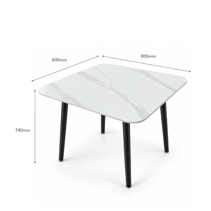A square dining table with a white marble-patterned top and black tapered legs, shown with dimension lines and labels indicating 800mm by 800mm top dimensions and 740mm height.