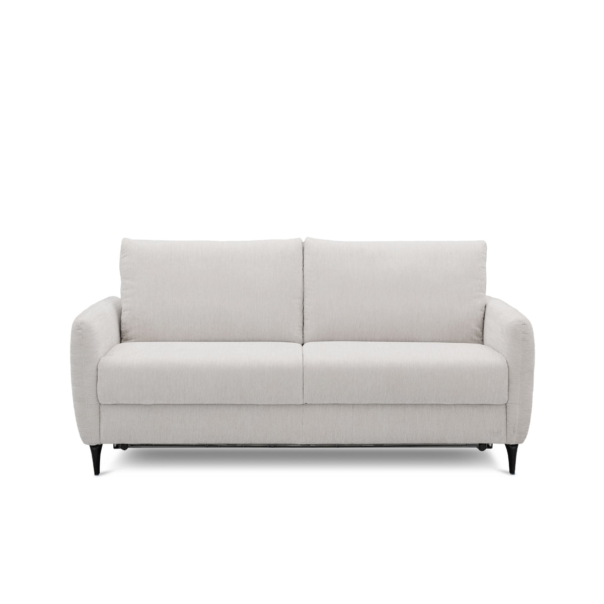 A modern two-seater sofa-bed upholstered in a light khaki textured fabric, featuring dark tapered legs, shown against a plain white background.