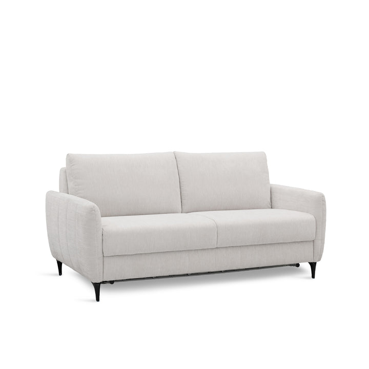 A modern two-seater sofa-bed in a light beige textured fabric, featuring dark tapered legs, shown against a plain white background.