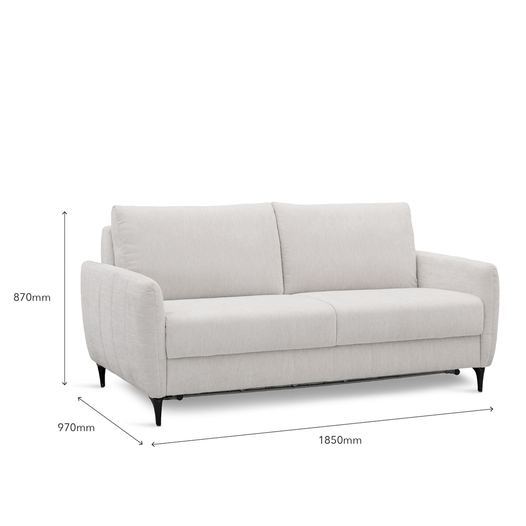 A light khaki upholstered loveseat sofa-bed shown on a white background with dimension lines and labels indicating 1850mm width, 970mm depth, and 870mm height.