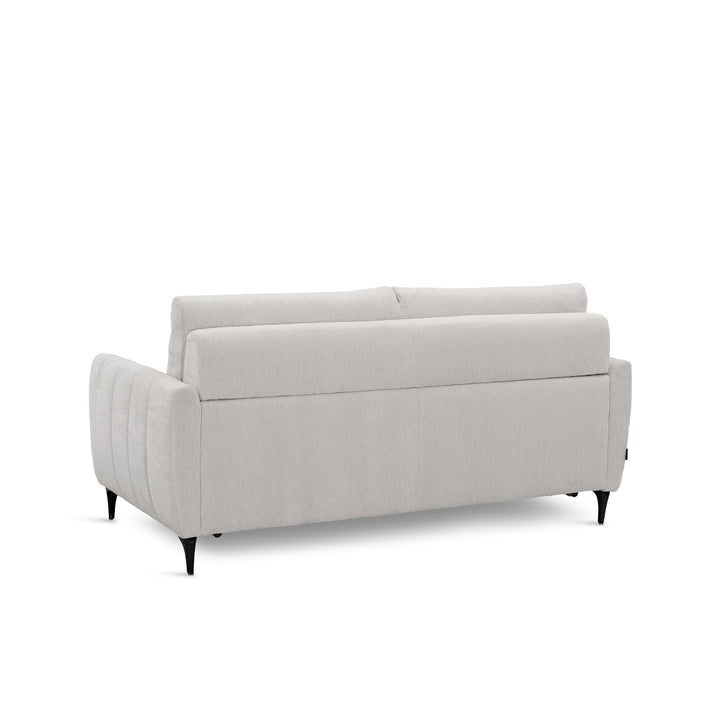 A light khaki upholstered loveseat sofa-bed with dark tapered legs, shown from a three-quarters angle on a solid white background.
