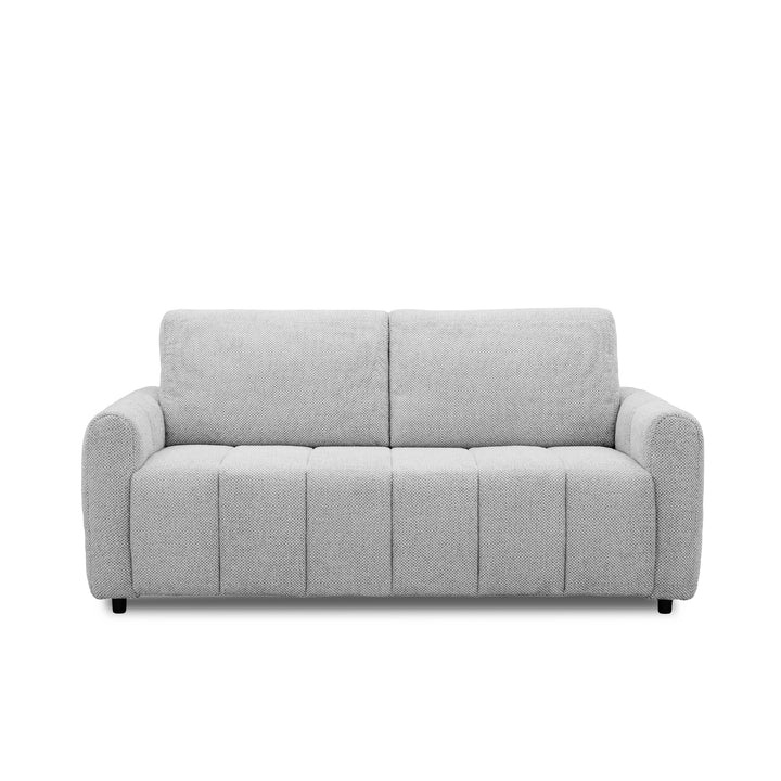 A modern two-seater express sofa-bed upholstered in a light gray textured fabric, featuring a tufted seat and back cushions, set against a plain white background.