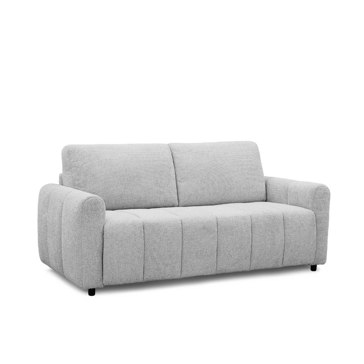 A light gray upholstered loveseat express sofa-bed with a modern rounded design, vertical channel tufting on the seat, and a two-seat cushion back, shown on a plain white background.