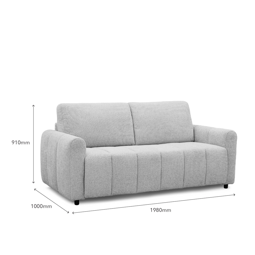 A light gray upholstered loveseat with dimension callouts showing 910mm height, 1000mm width, and 1980mm depth on a white background.