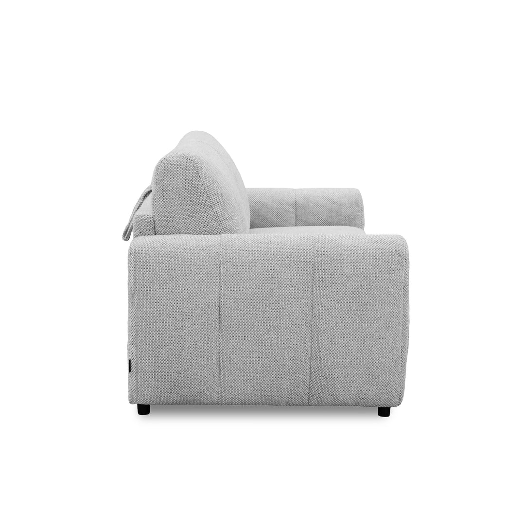 A light gray textured fabric armchair shown from a side profile view against a solid white background.