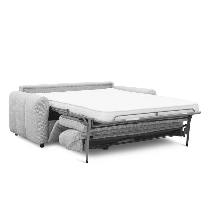 A light gray upholstered express sofa-bed shown with the bed section pulled out, revealing a white mattress on a dark metal frame, against a plain white background.