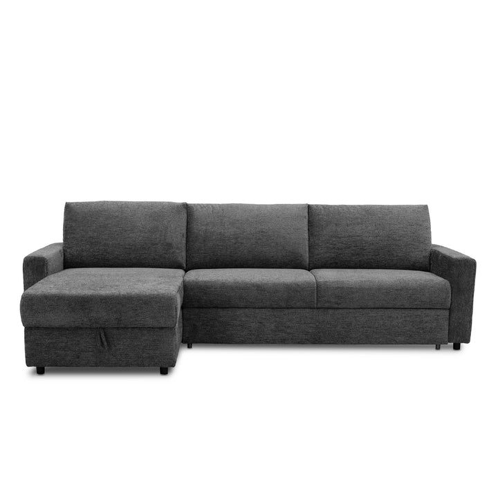 A dark gray fabric sectional sofa with a left-facing chaise lounge, shown from a front three-quarter angle against a plain white background.