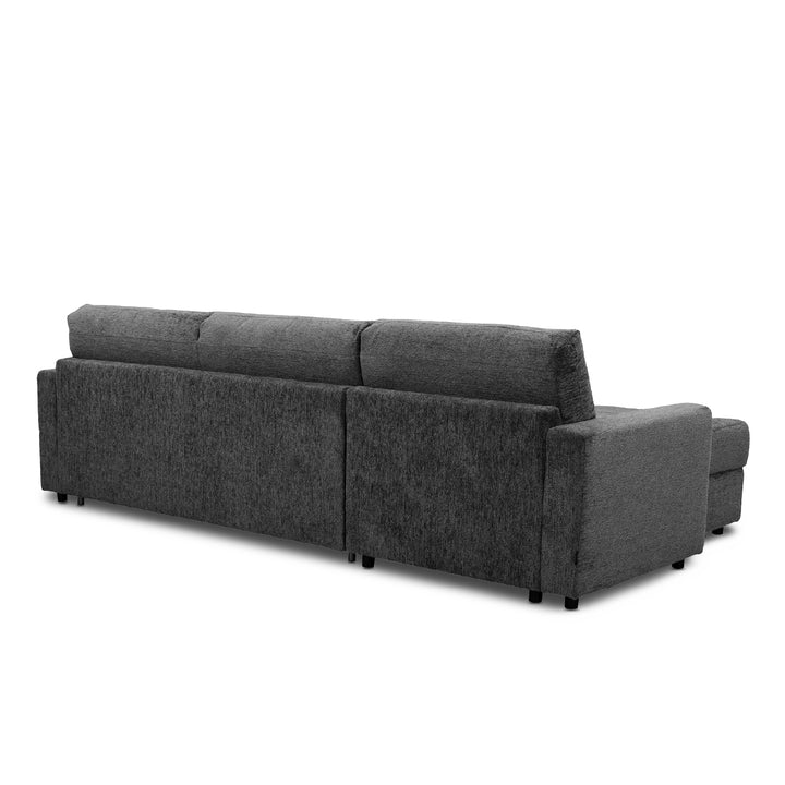 A dark gray textured fabric sectional sofa-bed with a left-facing angled view, featuring plush back cushions and wide armrests, set against a plain white background.