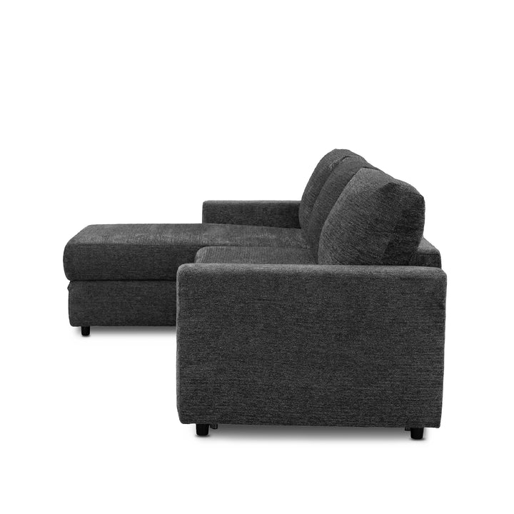 A dark gray textured fabric sectional sofa-bed with a right-facing chaise lounge, shown from a three-quarters angle on a solid white background.
