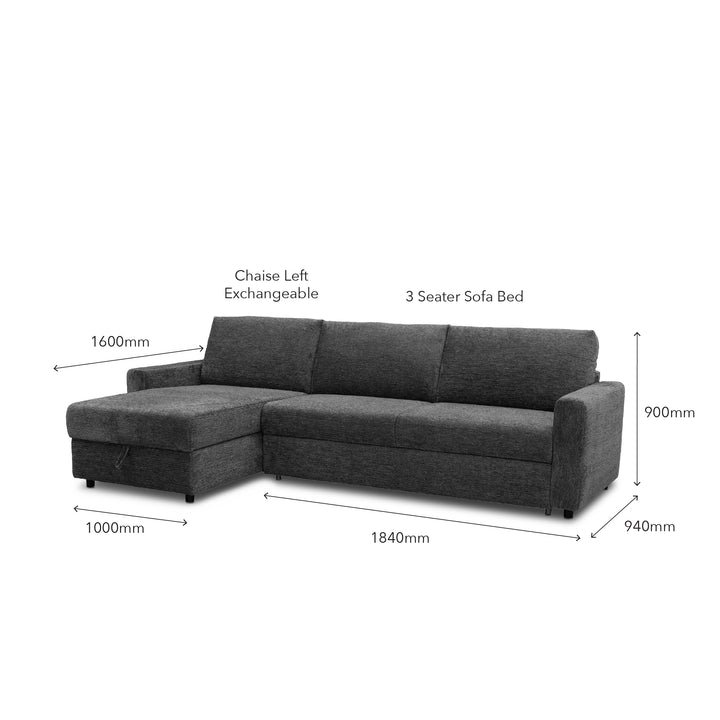Dark gray fabric sectional sofa bed with dimension callouts showing width, depth, and height measurements on a white background.