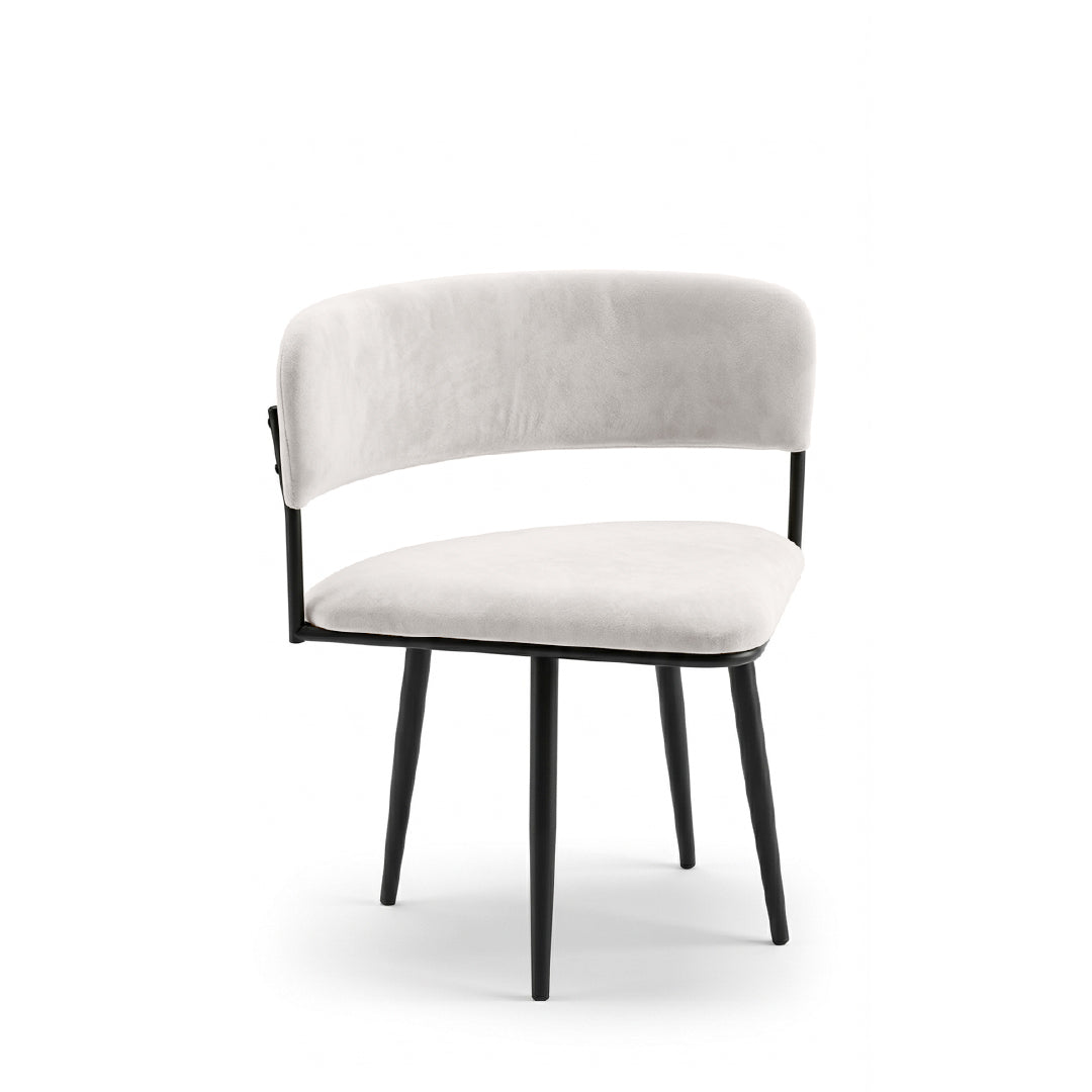 A modern accent chair with a curved light gray upholstered backrest and seat, supported by a black metal frame and tapered black legs, shown against a plain white background.