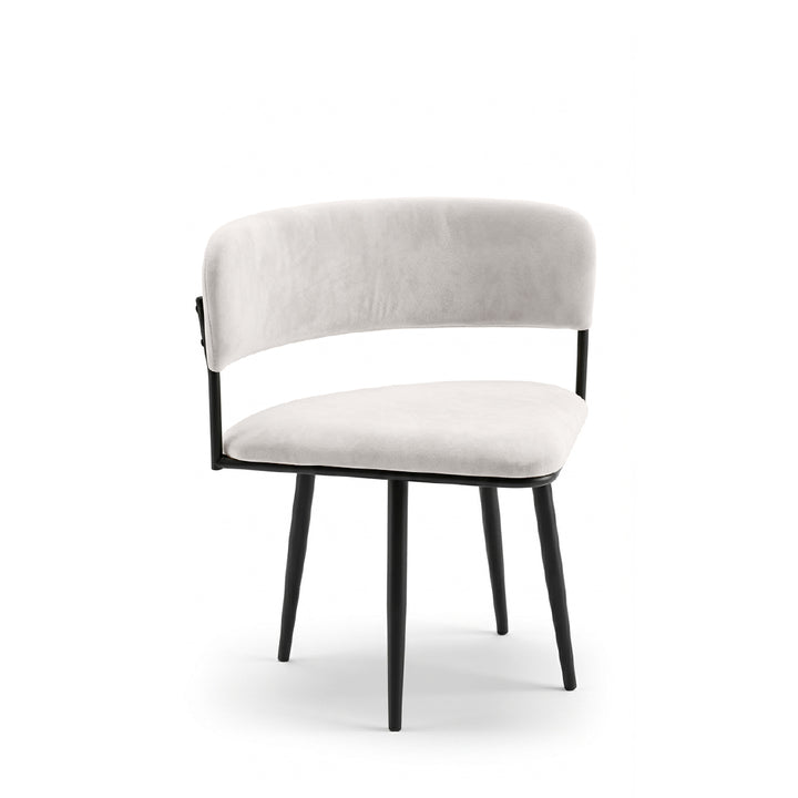 A modern accent chair with a curved light gray upholstered backrest and seat, supported by a black metal frame and tapered black legs, shown against a plain white background.