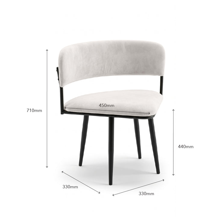 A dining chair with a light beige upholstered seat and curved backrest, black metal frame and legs, shown with dimension lines and labels indicating 710mm height, 450mm seat width, 440mm backrest height, and 330mm leg width on a white background.