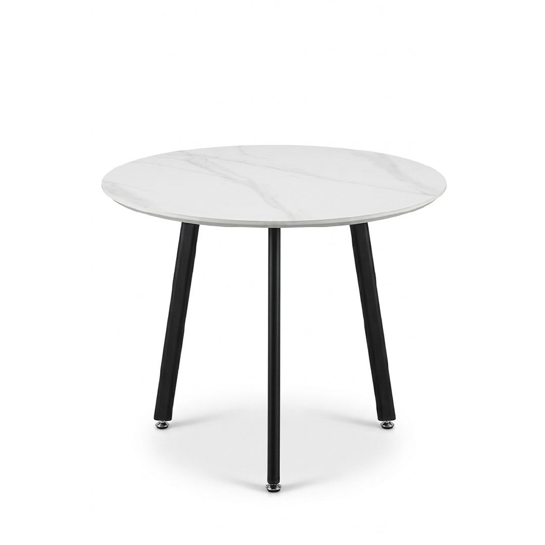 A round side table with a white marble-patterned top and three black tapered legs, shown on a clean white background.