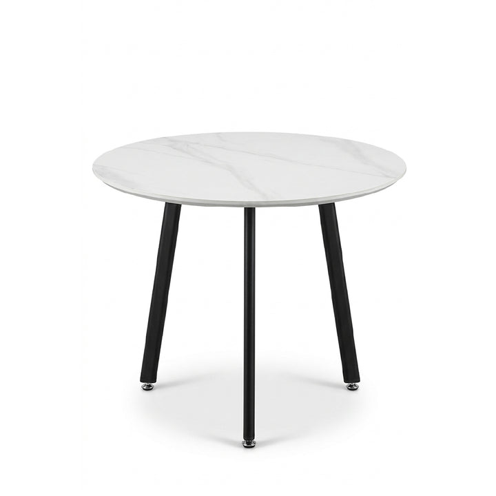 A round side table with a white marble-patterned top and three black tapered legs, shown on a clean white background.