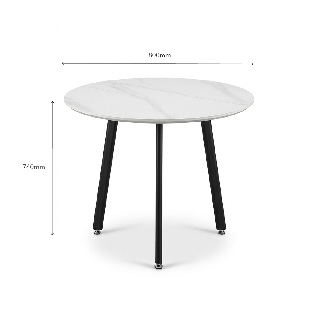 A round dining table with a white marble-patterned top and black legs, shown with dimension lines indicating a diameter of 800mm and a height of 740mm on a white background.