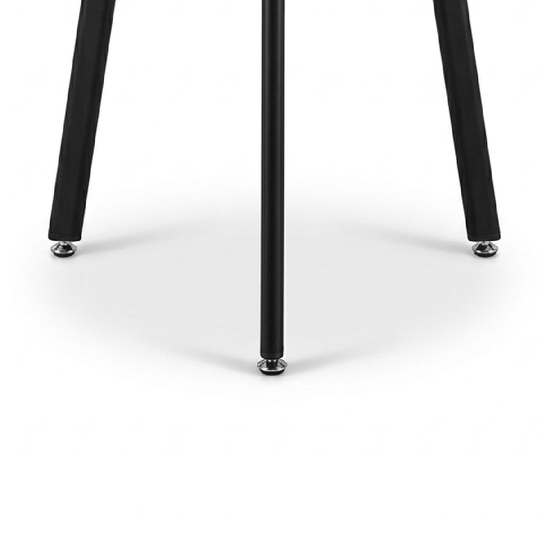 Close-up of a black metal table or stand leg assembly with three cylindrical legs and small silver circular feet on a white background.