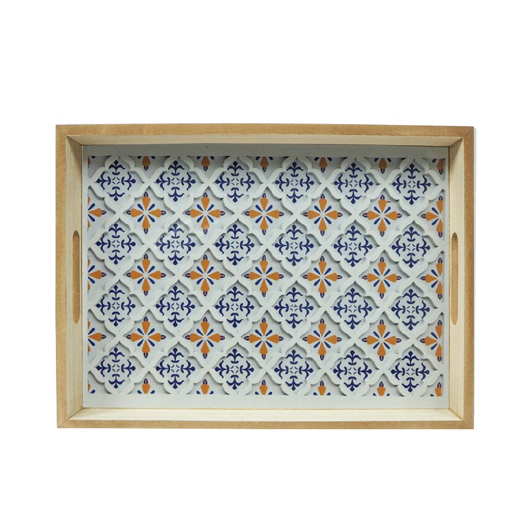Wooden Tray Rhombus White Flower