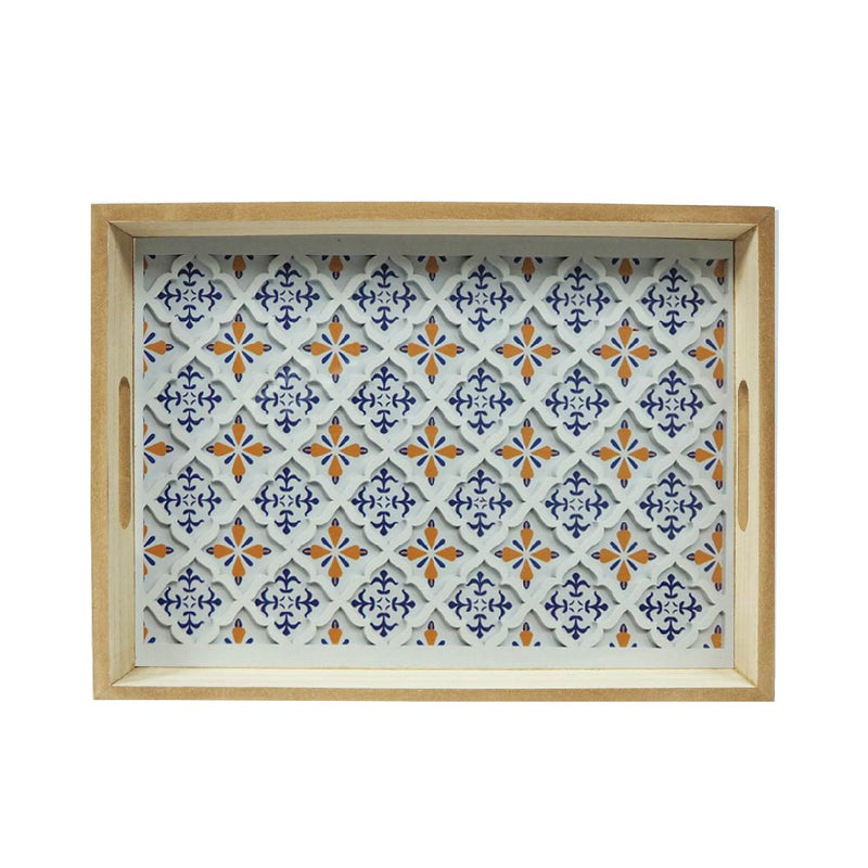 Wooden Tray Rhombus White Flower