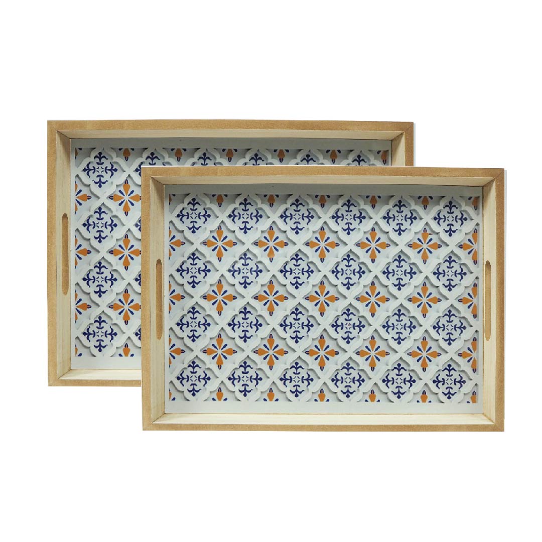 Wooden Tray Rhombus White Flower