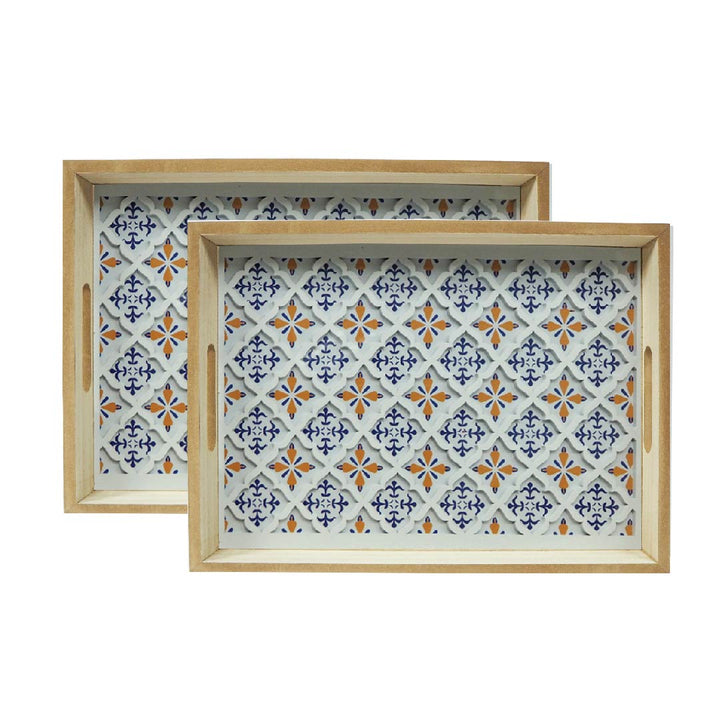 Wooden Tray Rhombus White Flower