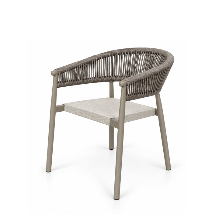 A modern outdoor armchair with a curved woven rope backrest, a light beige textured seat cushion, and a taupe-brown frame and legs, shown on a white background.