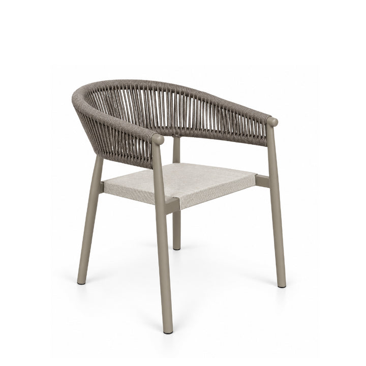 A modern outdoor armchair with a curved woven rope backrest, a light beige textured seat cushion, and a taupe-brown frame and legs, shown on a white background.