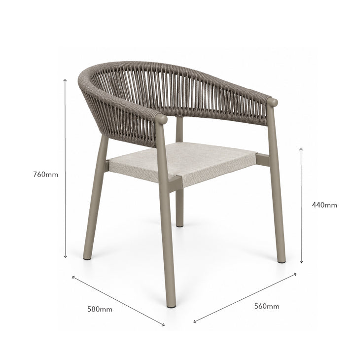 A gray woven outdoor armchair with a light beige seat cushion, shown with dimension lines and labels indicating its height, width, and depth measurements.