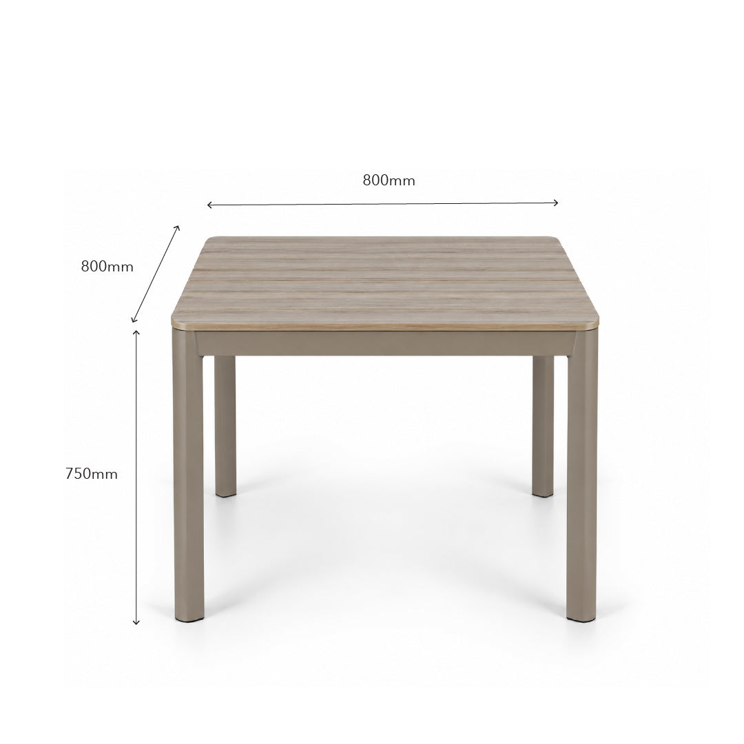 A square outdoor dining table with a light brown wood-look slatted top and taupe legs, shown with dimension lines indicating 800mm width, 800mm depth, and 750mm height on a white background.