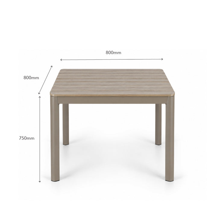 A square outdoor dining table with a light brown wood-look slatted top and taupe legs, shown with dimension lines indicating 800mm width, 800mm depth, and 750mm height on a white background.