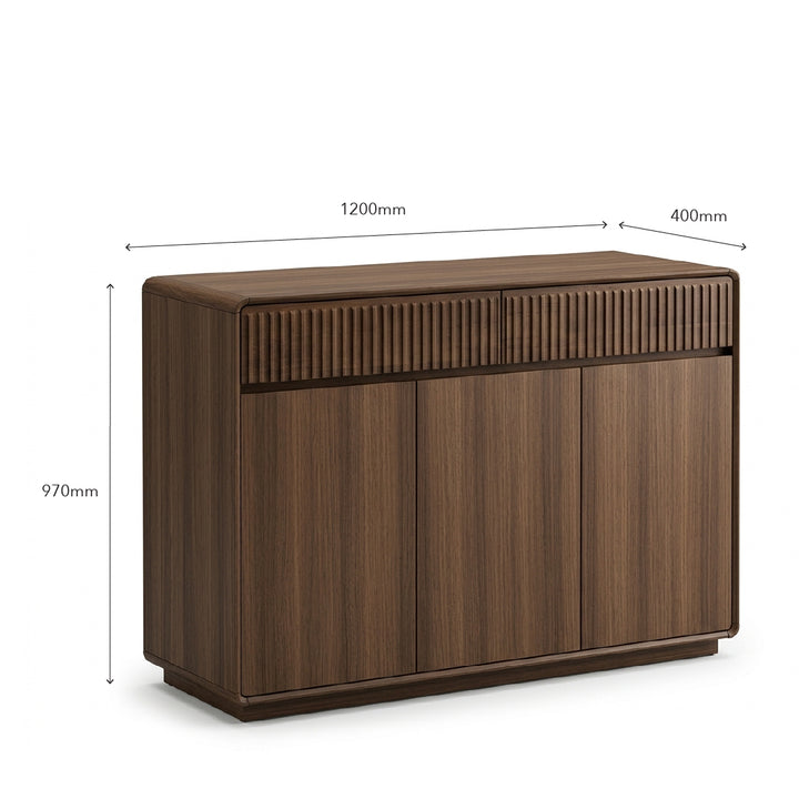 A dark brown wooden sideboard or credenza shown on a white background with dimension arrows and labels indicating 1200mm width, 400mm depth, and 970mm height.